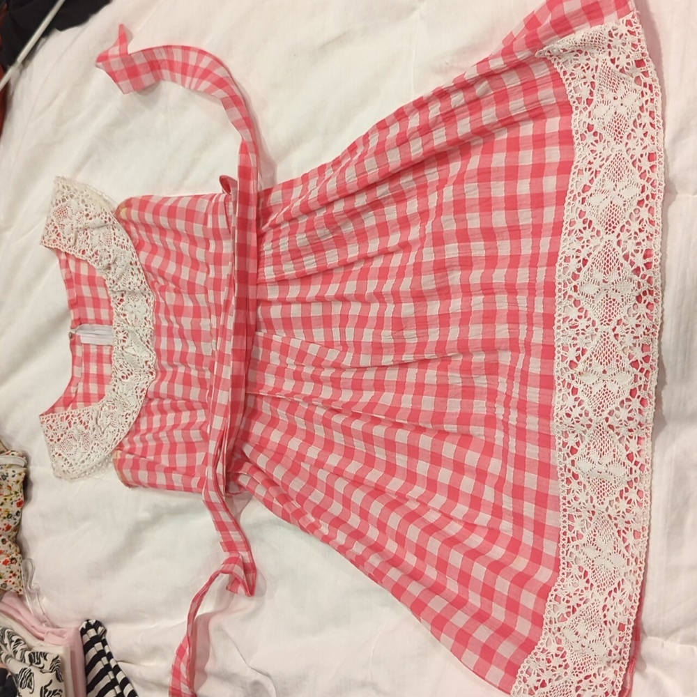 Custom gingham pink dress with lace detail